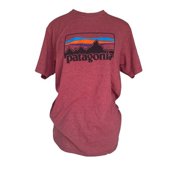 Patagonia Logo Tee Maroon Slim Fit Womens Medium Short Sleeve Mountain Graphic - Picture 1 of 10